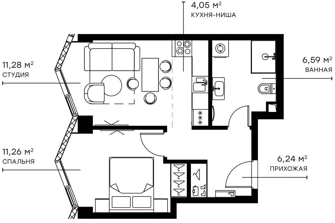 Планировка: Евродвушка 39,5 м² в ЖК «Симфония 34»