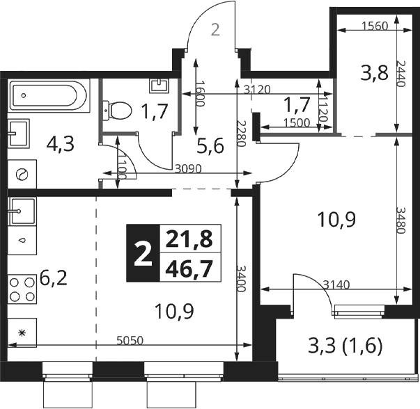 Планировка: Евродвушка 45 м² в ЖК «1-й Ясеневский»