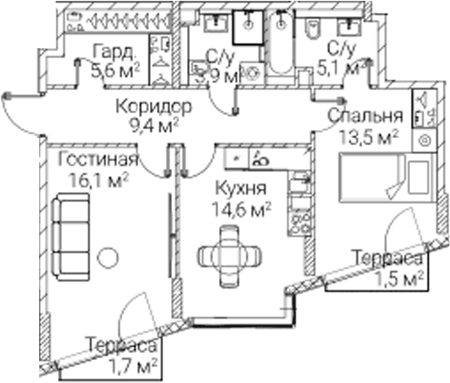 Планировка: 2-комнатная квартира 64,9 м² в ЖК «СЕЗАР БУДУЩЕЕ»