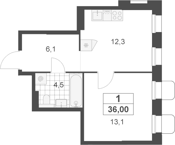 Планировка: 1-комнатная квартира 36 м² в ЖК «Деснаречье»