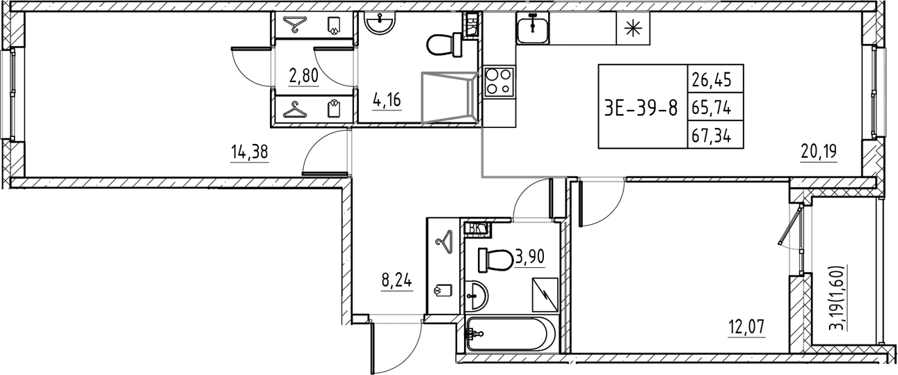 Планировка: Евротрёшка 65,7 м² в ЖК «Энфилд»