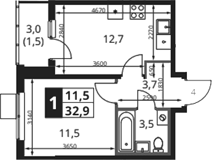 Планировка: 1-комнатная квартира 31,4 м² в ЖК «1-й Ясеневский»