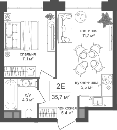 Планировка: Евродвушка 35,7 м² в ЖК «Михалковский»