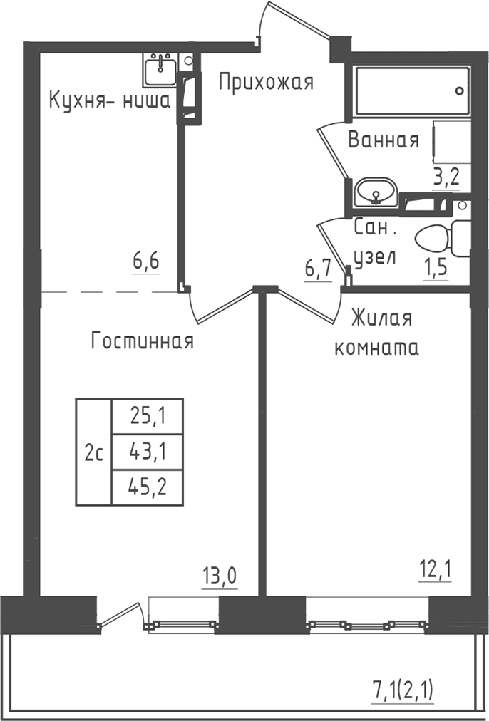 Планировка: 1-комнатная квартира 43,1 м² в ЖК «Зеленый город»