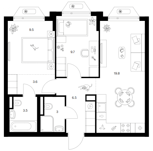 Планировка: 2-комнатная квартира 55,6 м² в ЖК «Зеленый парк»