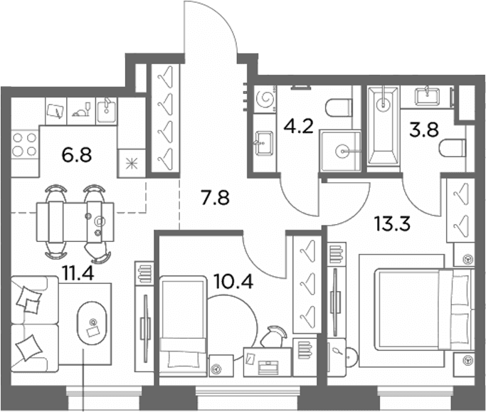 Планировка: Евротрёшка 57,7 м² в ЖК «Станиславский»