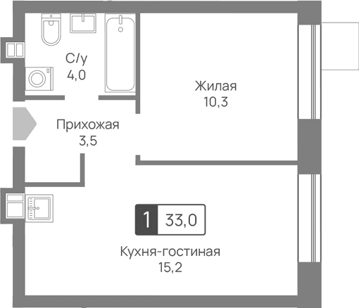 Планировка: Евродвушка 33 м² в ЖК «Лесная Отрада»