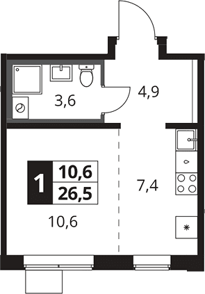 Планировка: Студия 26,5 м² в ЖК «1-й Южный»
