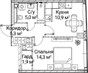 Планировка: 1-комнатная квартира 36,7 м² в ЖК «СЕЗАР БУДУЩЕЕ»