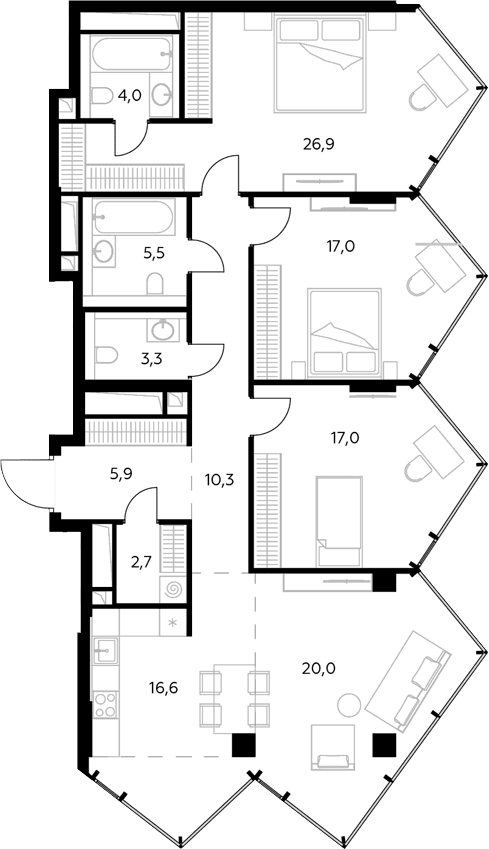 Планировка: Квартира евро-4 129,2 м² в ЖК «Монблан»