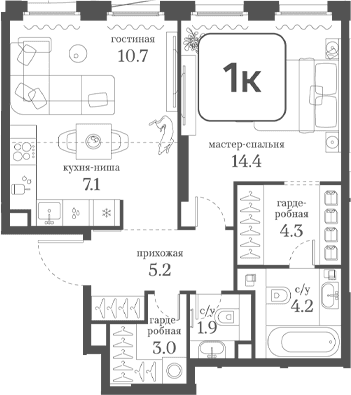 Планировка: 1-комнатная квартира 50,8 м² в ЖК «Муза»