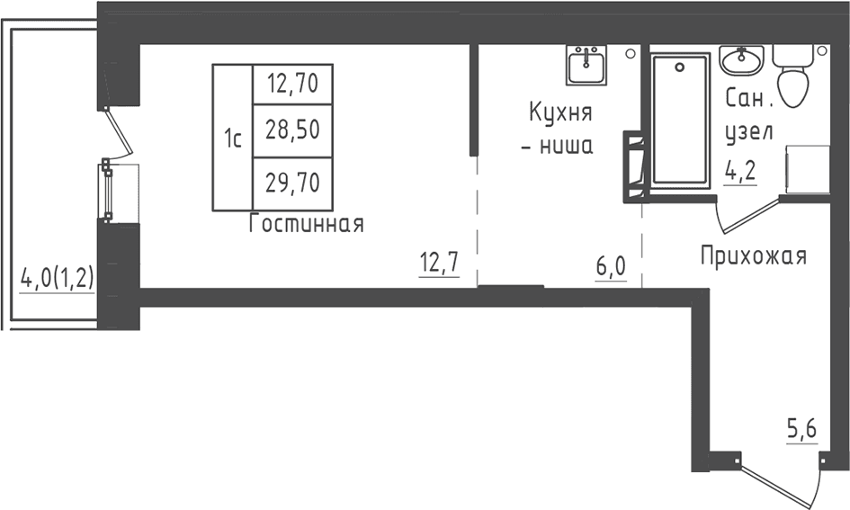 Планировка: Студия 28,5 м² в ЖК «Зеленый город»