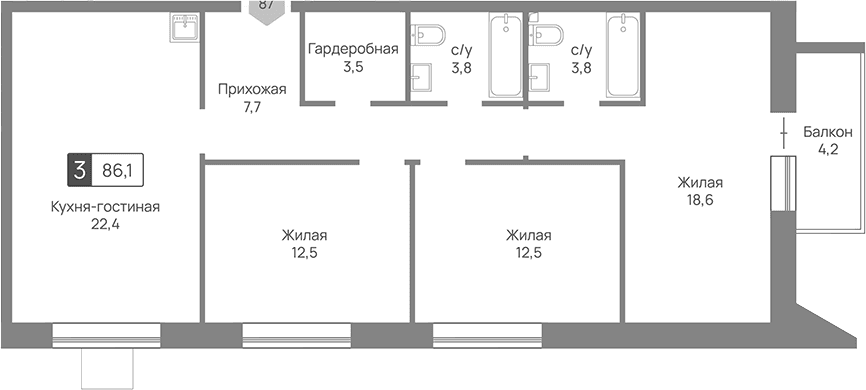 Планировка: Квартира евро-4 84,8 м² в ЖК «Отрада 3»