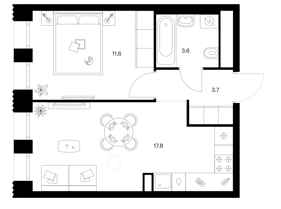 Планировка: 1-комнатная квартира 36,7 м² в ЖК «Строгино 360»