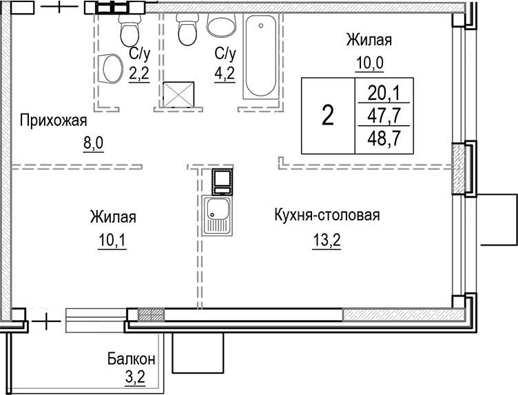 Планировка: Евротрёшка 47,7 м² в ЖК «Лесная Отрада»