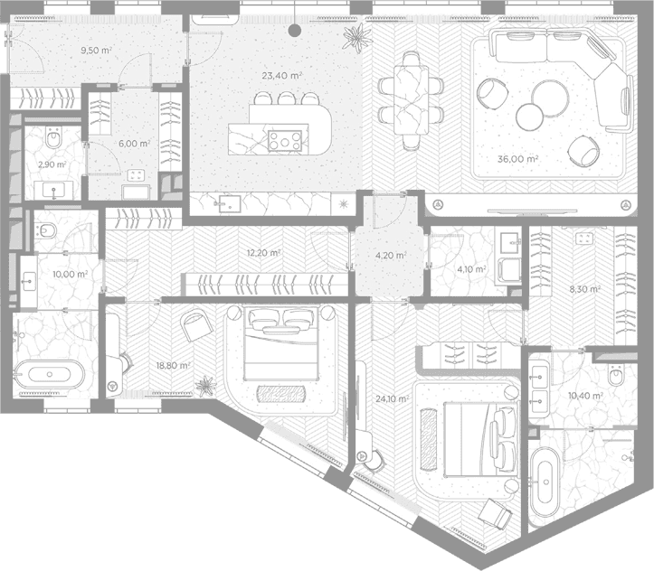 Планировка: 2-комнатная квартира 169,9 м² в ЖК «Николь»