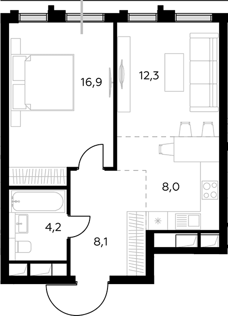 Планировка: Евродвушка 49,5 м² в ЖК «Дом 56»