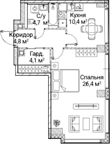 Планировка: 1-комнатная квартира 50,6 м² в ЖК «СЕЗАР БУДУЩЕЕ»