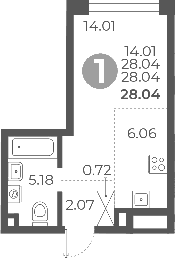 Планировка: Студия 28 м² в ЖК «Мневники от Гранель»