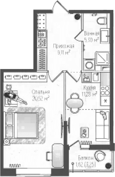 Планировка: 1-комнатная квартира 46,2 м² в ЖК «Рига Хиллс»