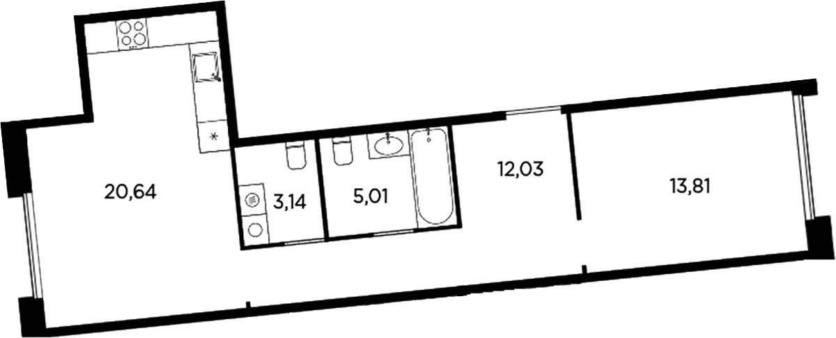 Планировка: Евродвушка 54,6 м² в ЖК «Акватория»