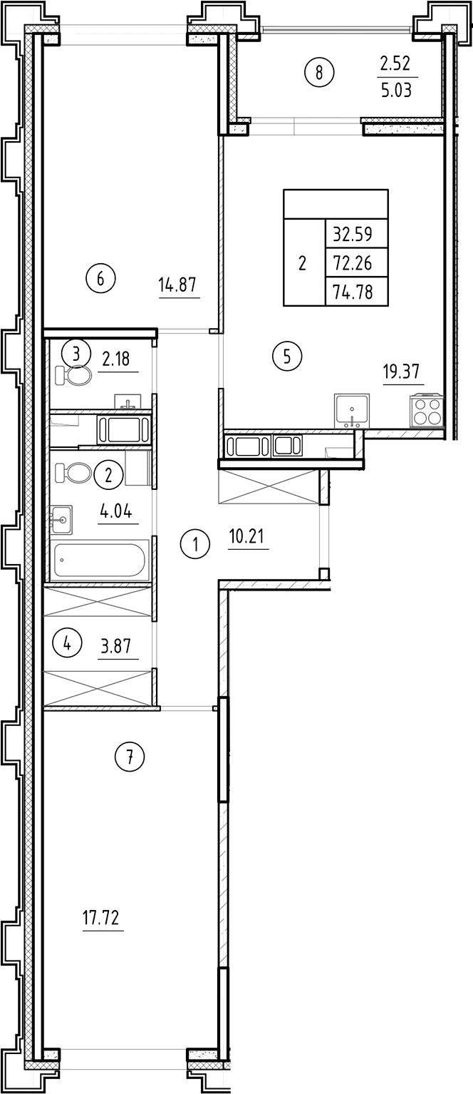 Планировка: Евротрёшка 72,3 м² в ЖК «Ассамблея»