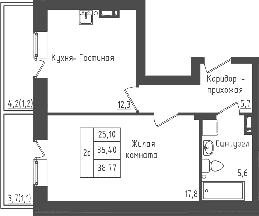 Планировка: 1-комнатная квартира 36,4 м² в ЖК «Зеленый город»