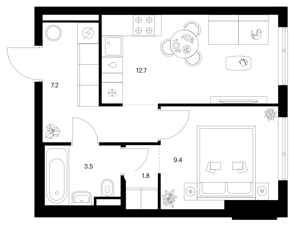 Планировка: 1-комнатная квартира 34,6 м² в ЖК «Зеленый парк»