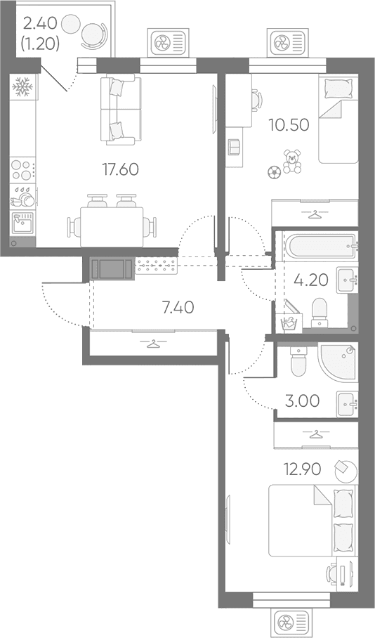 Планировка: Евротрёшка 55,6 м² в ЖК «Зеркальный ручей»