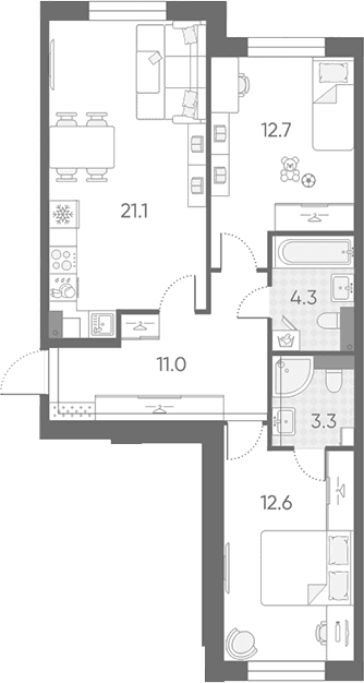 Планировка: Евротрёшка 65 м² в ЖК «Большая Охта»