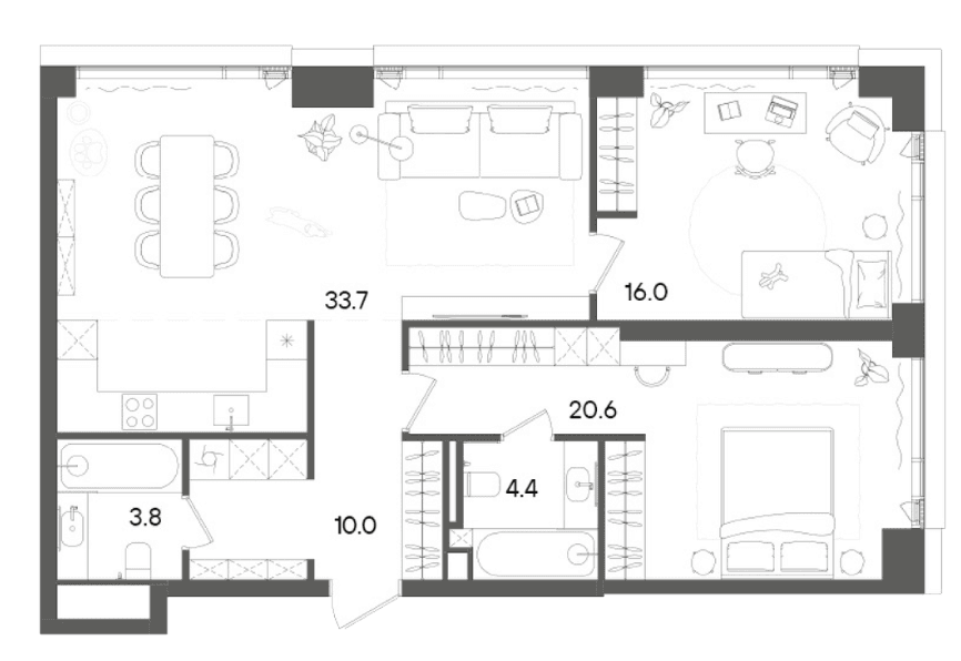 Планировка: Евротрёшка 88,5 м² в ЖК «СТОУН Грэйн»