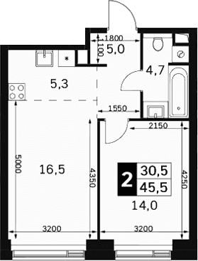Планировка: Евродвушка 45,5 м² в ЖК «Амбер Сити»