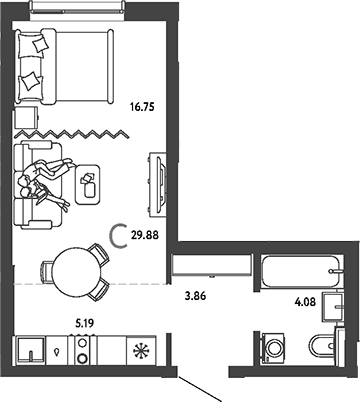 Планировка: Студия 29,9 м² в ЖК «Страна.Парковая»