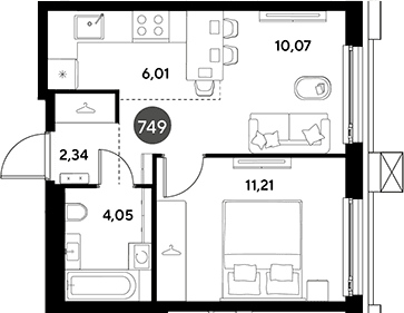 Планировка: Евродвушка 33,7 м² в ЖК «ЭВО»