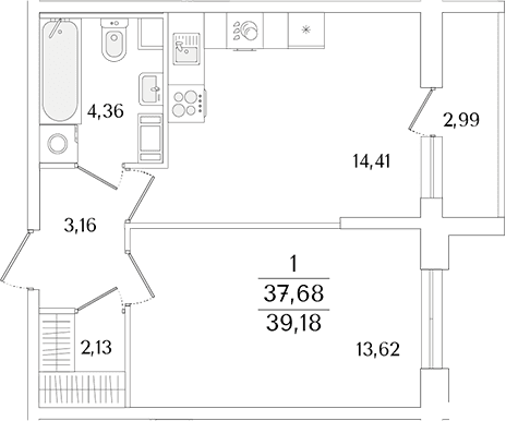 Планировка: Евродвушка 37,7 м² в ЖК «Кинопарк»