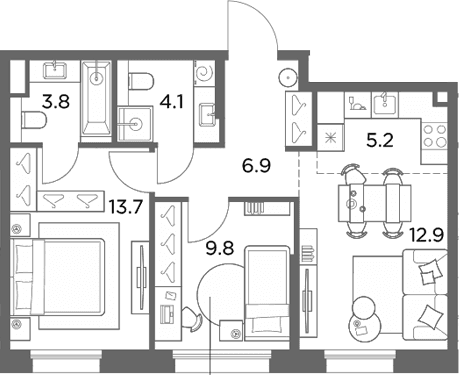 Планировка: Евротрёшка 56,4 м² в ЖК «Станиславский»
