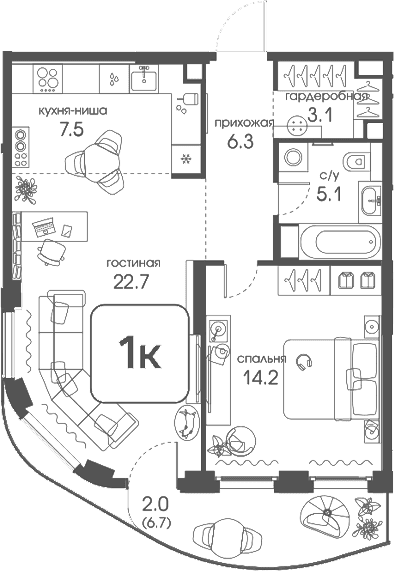 Планировка: 1-комнатная квартира 58,9 м² в ЖК «Муза»