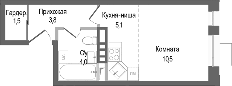 Планировка: Студия 24,9 м² в ЖК «Киноквартал»