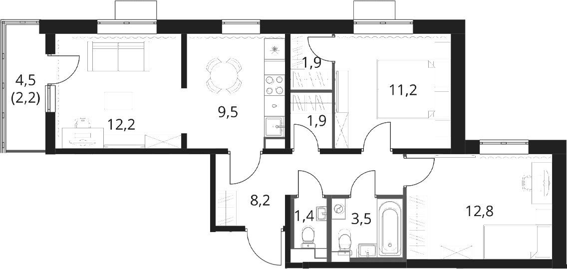 Планировка: Евротрёшка 62,6 м² в ЖК «1-й Шереметьевский»