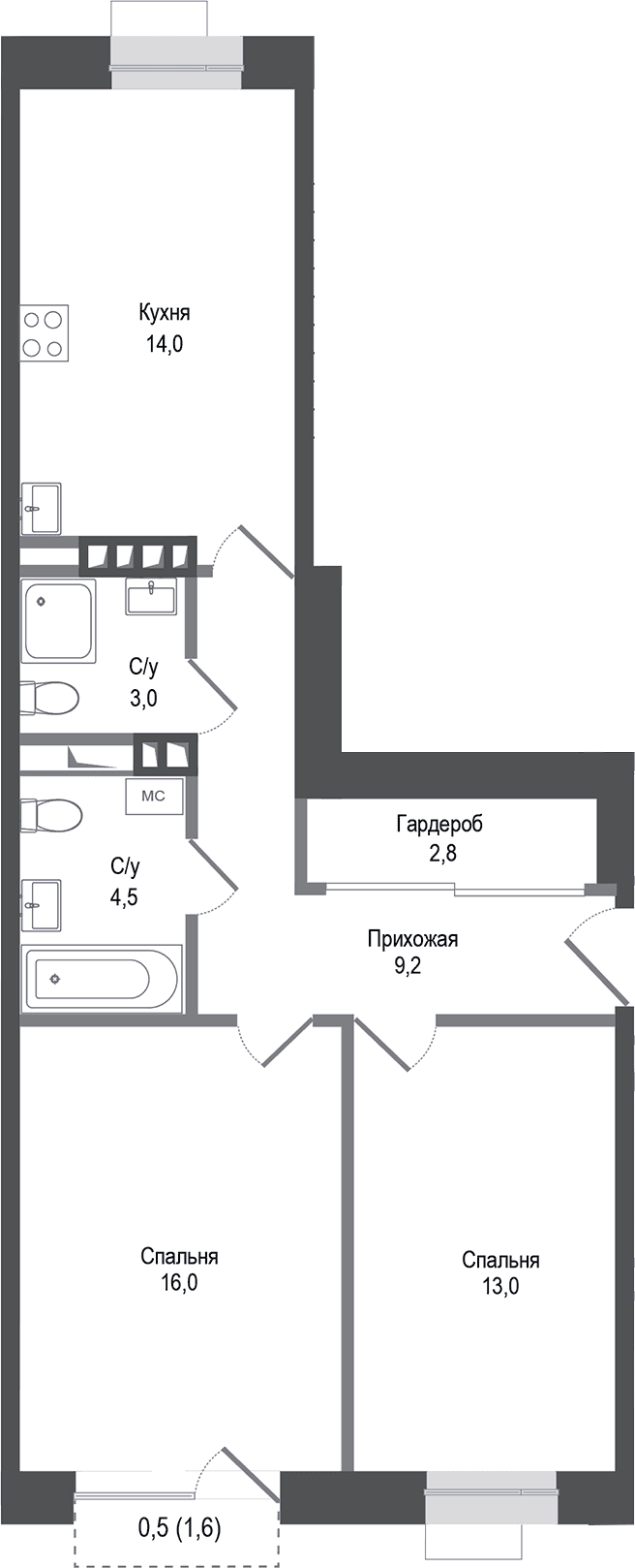 Планировка: 2-комнатная квартира 62,5 м² в ЖК «Киноквартал»