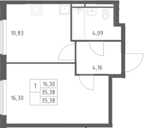 Планировка: 1-комнатная квартира 35,4 м² в ЖК «Мытищи Парк»