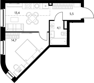 Планировка: 1-комнатная квартира 38,2 м² в ЖК «Адмирал»