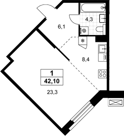 Планировка: 1-комнатная квартира 42,1 м² в ЖК «Хольм»