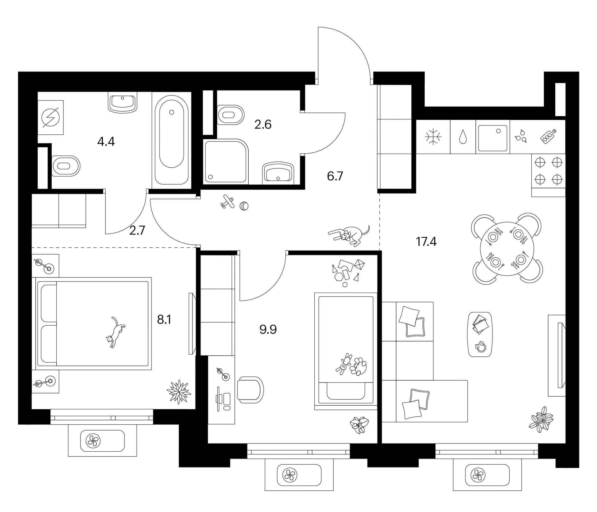 Планировка: 2-комнатная квартира 51,8 м² в ЖК «Белая Дача парк»