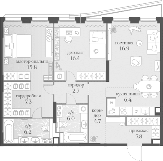 Планировка: 2-комнатная квартира 90,2 м² в ЖК «Муза»