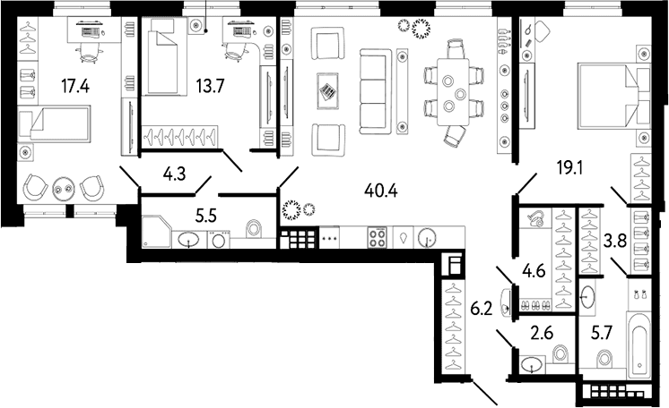 Планировка: Квартира евро-4 123,3 м² в ЖК «Коллекционер»
