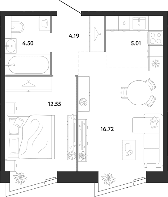 Планировка: 1-комнатная квартира 43 м² в ЖК «Ридж»