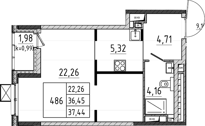 Планировка: Студия 36,5 м² в ЖК «Поварово-Молодежный-2»
