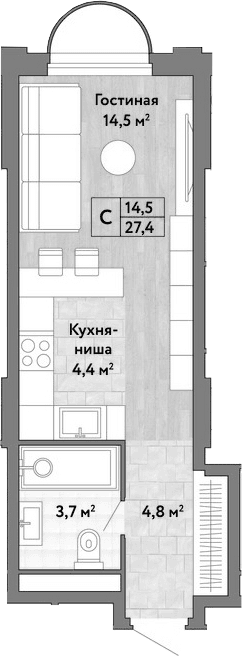 Планировка: Студия 27,4 м² в ЖК «Новые Смыслы»