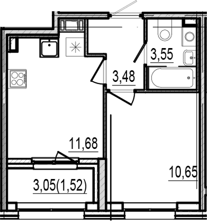 Планировка: 1-комнатная квартира 29,4 м² в ЖК «Оптимист»